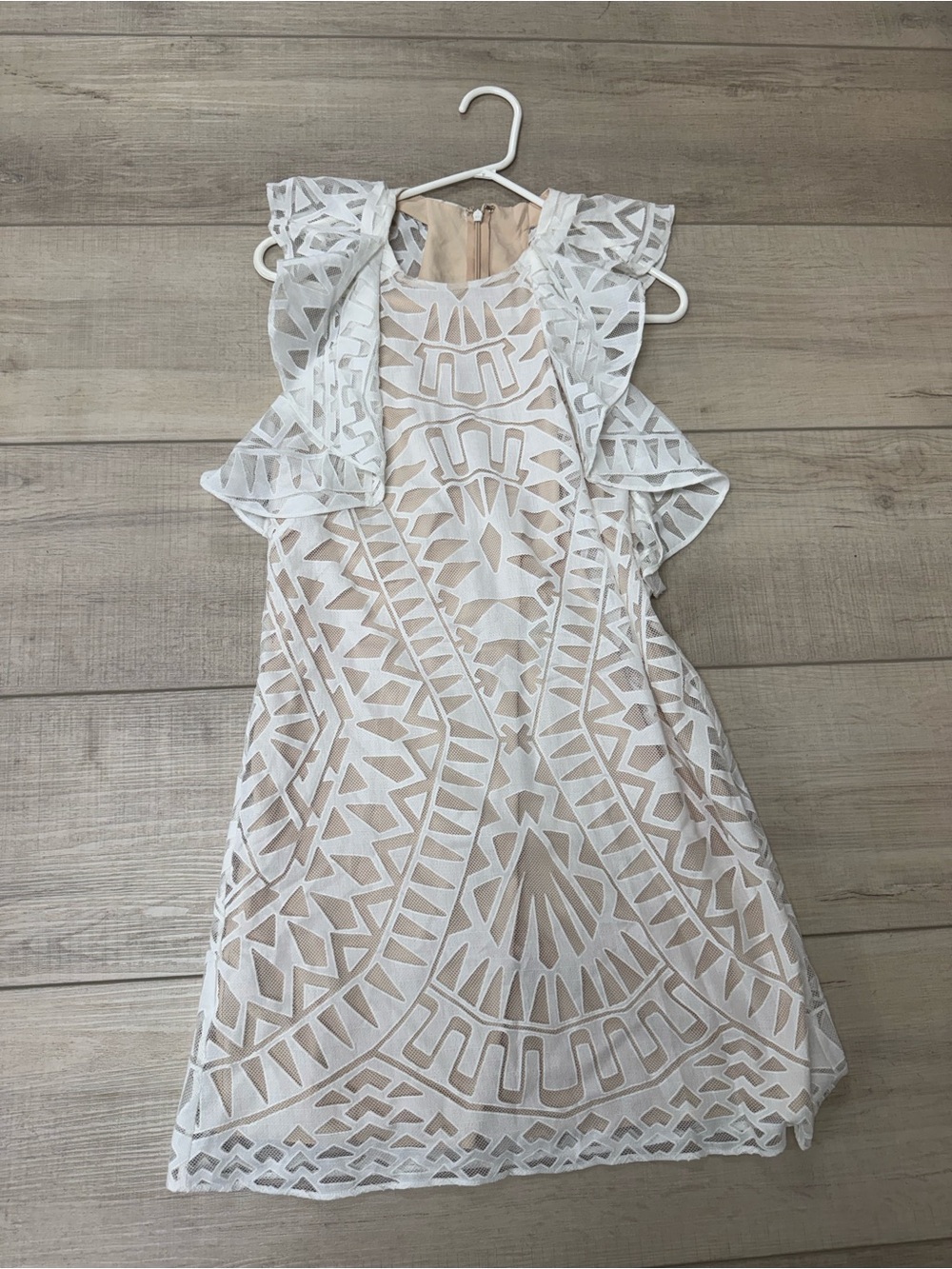BCBGMaxAzria White Lace Overlay Dress with Nude Lining